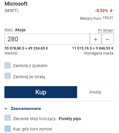 ekran zamówienia akcji